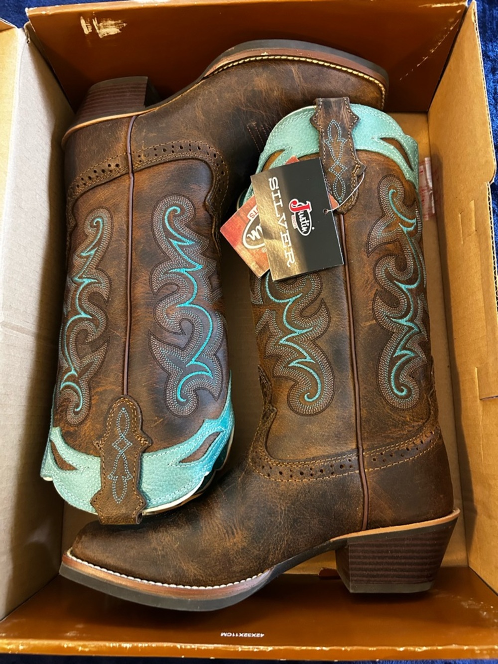 Justin Boots Brown Leather Cowboy Boots with Turquoise Top Trim - Picture 9 of 12